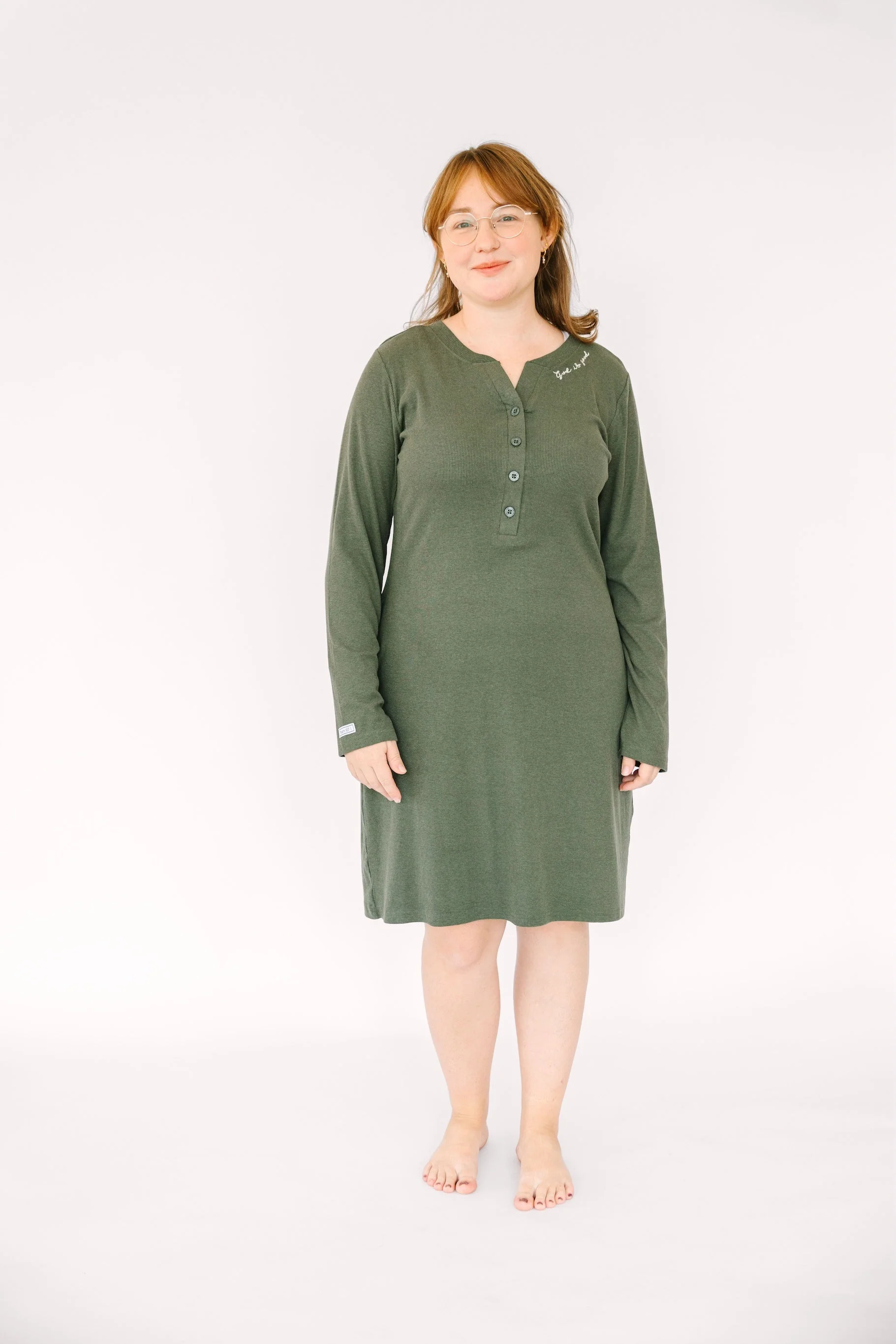 Solid Olive Womens Nightgown PJ Ribbed Cotton-Bamboo Blend - Image 5