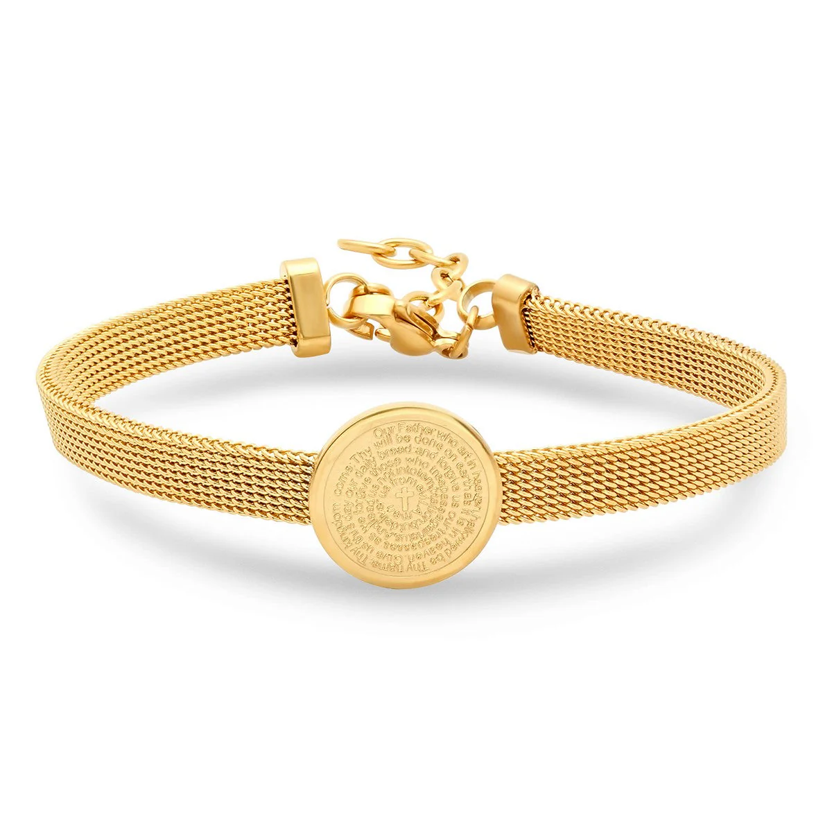 Solitaire Charm Our Father Prayer Mesh Bracelet - Image 2