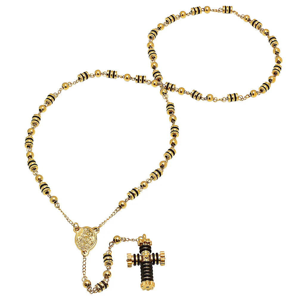 Stainless Steel And Black Rubber Rosary Necklace - Image 2