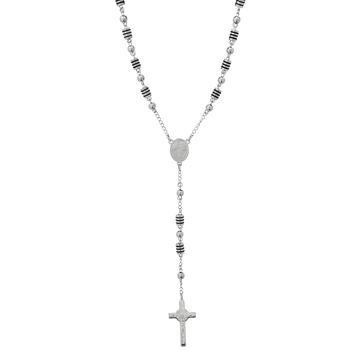 Stainless Steel And Black Rubber Rosasry Necklace