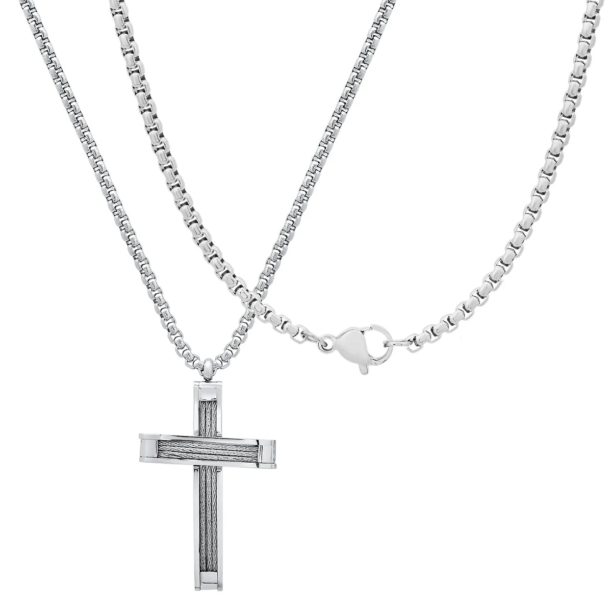 Stainless Steel And Inlay Wire Cable Cross Pendant - Image 2