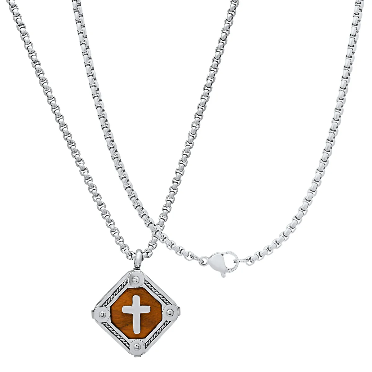 Stainless Steel And Tiger Eye Cross Square Dog Tag Pendant With Rope Chain Accents - Image 2