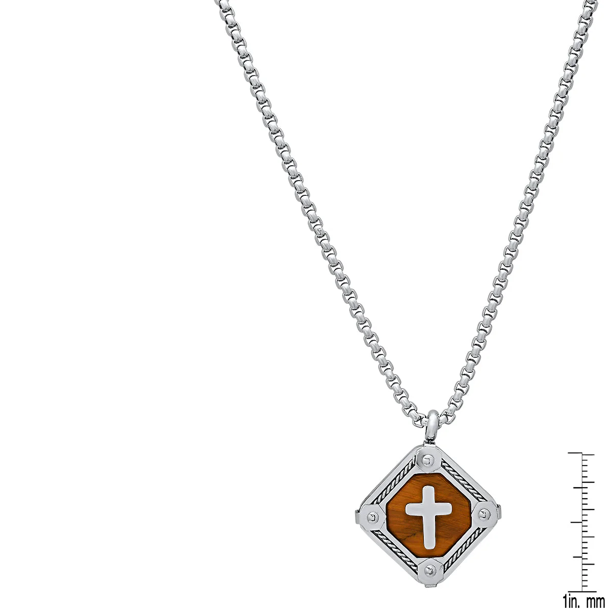 Stainless Steel And Tiger Eye Cross Square Dog Tag Pendant With Rope Chain Accents - Image 3