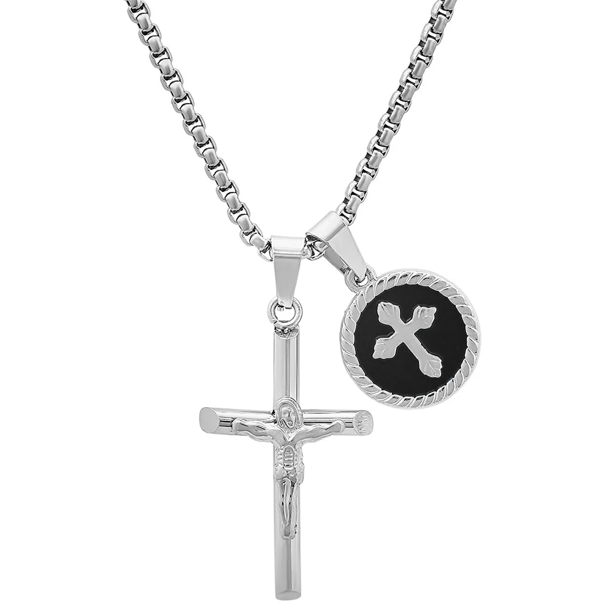 Stainless Steel Cross And Black Enamel Round Pendants - Image 2