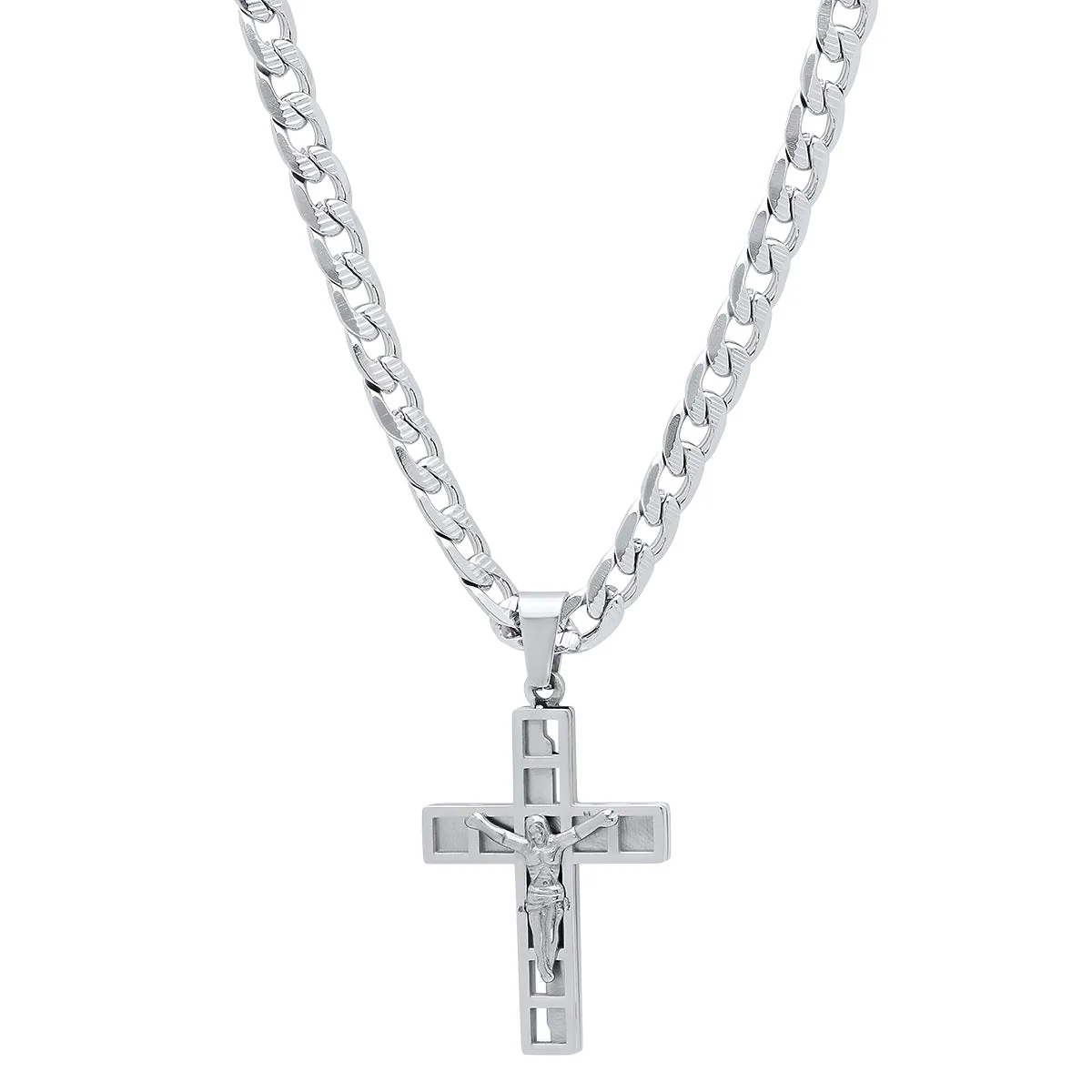 Stainless Steel Mini Crucifix Pendant With Flat Curb Chain