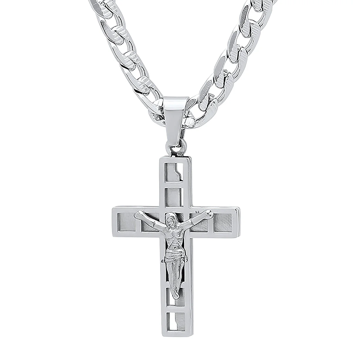 Stainless Steel Mini Crucifix Pendant With Flat Curb Chain - Image 2