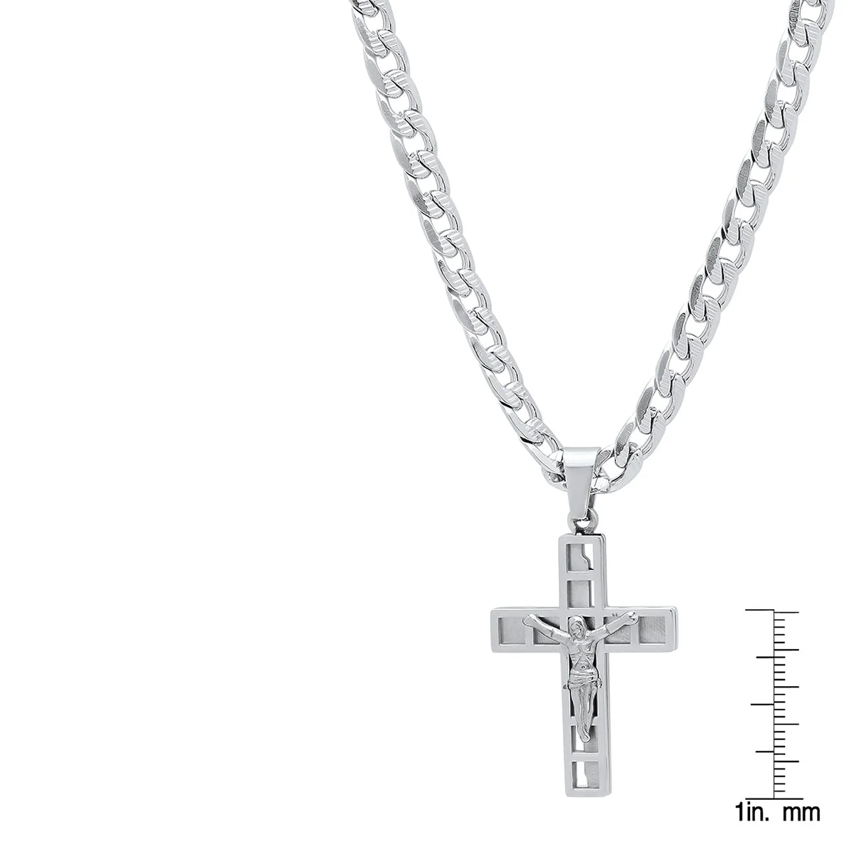 Stainless Steel Mini Crucifix Pendant With Flat Curb Chain - Image 3