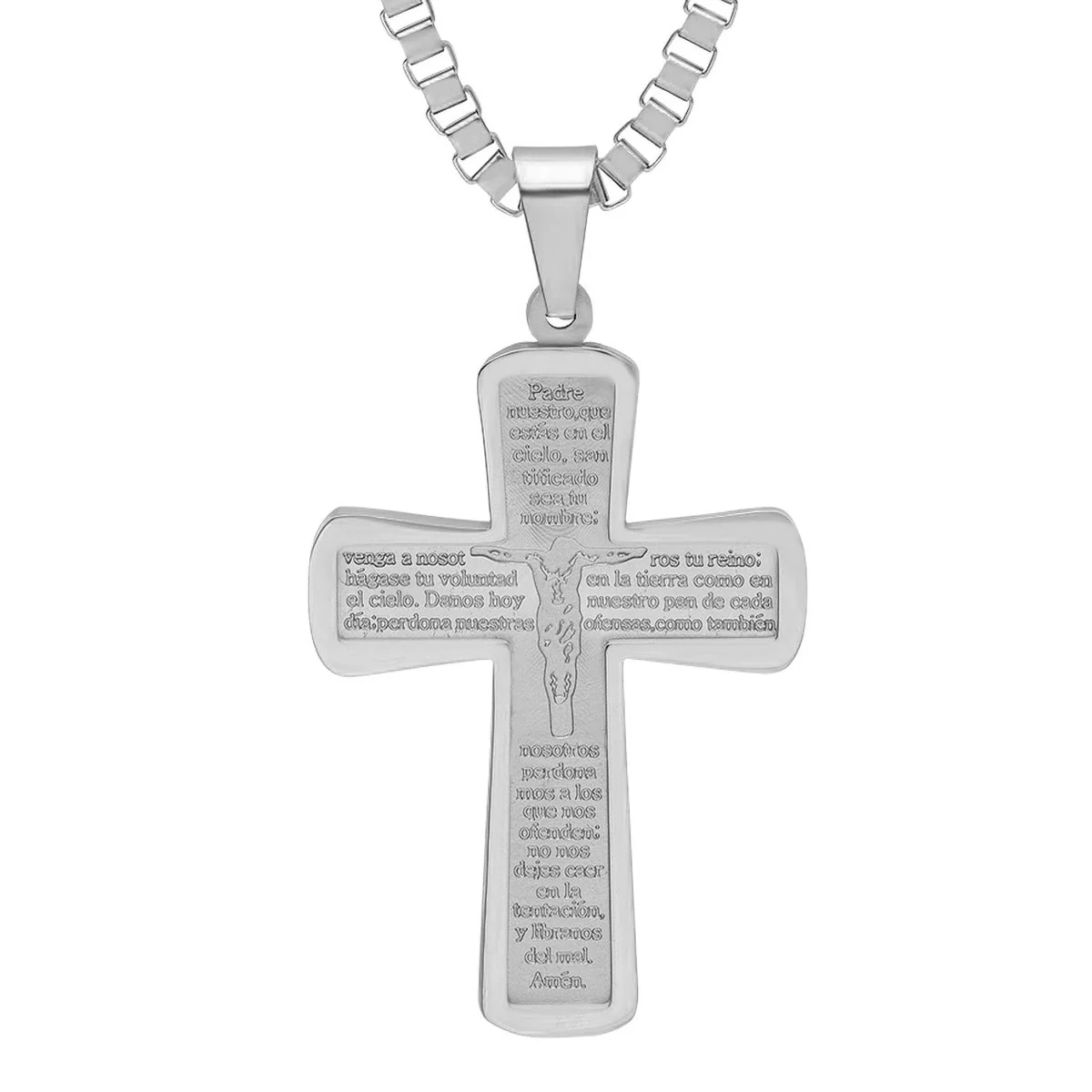 Stainless Steel Padre Nuestro Prayer Crucifix Pendant - Image 2
