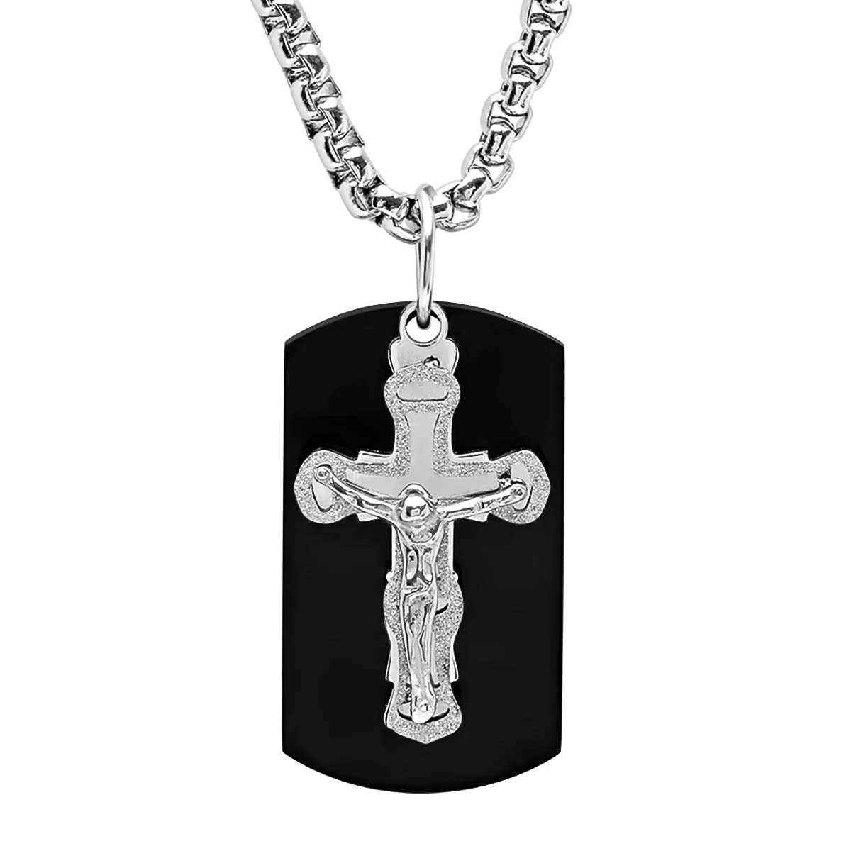Stainless Steel Sandblast Crucifix And Black Ip Dog Tag Pendant Necklace - Image 2