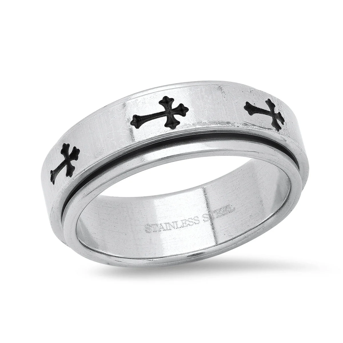 Stainless Steel Spinner Ring With Black Ip Crosses Accents