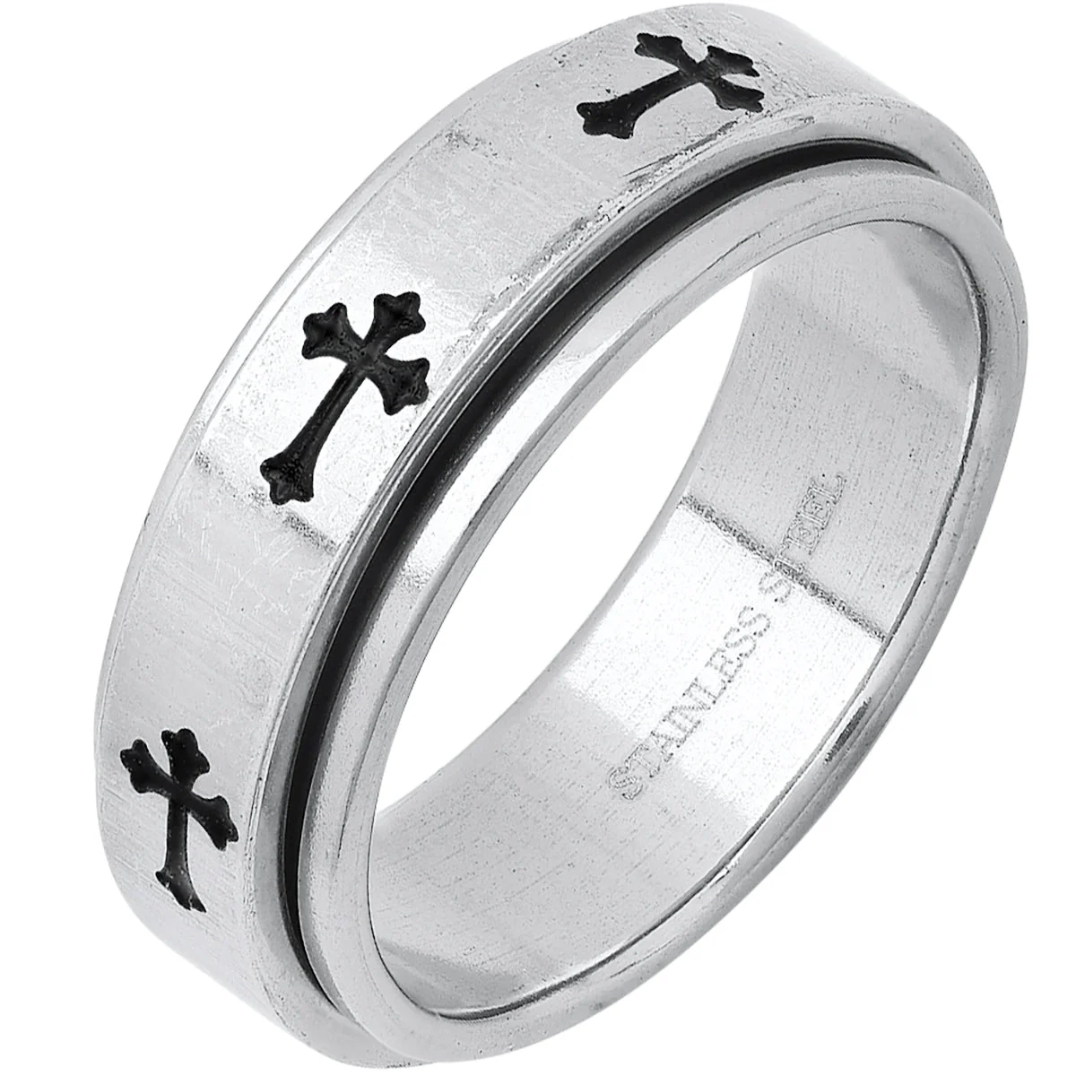 Stainless Steel Spinner Ring With Black Ip Crosses Accents - Image 2