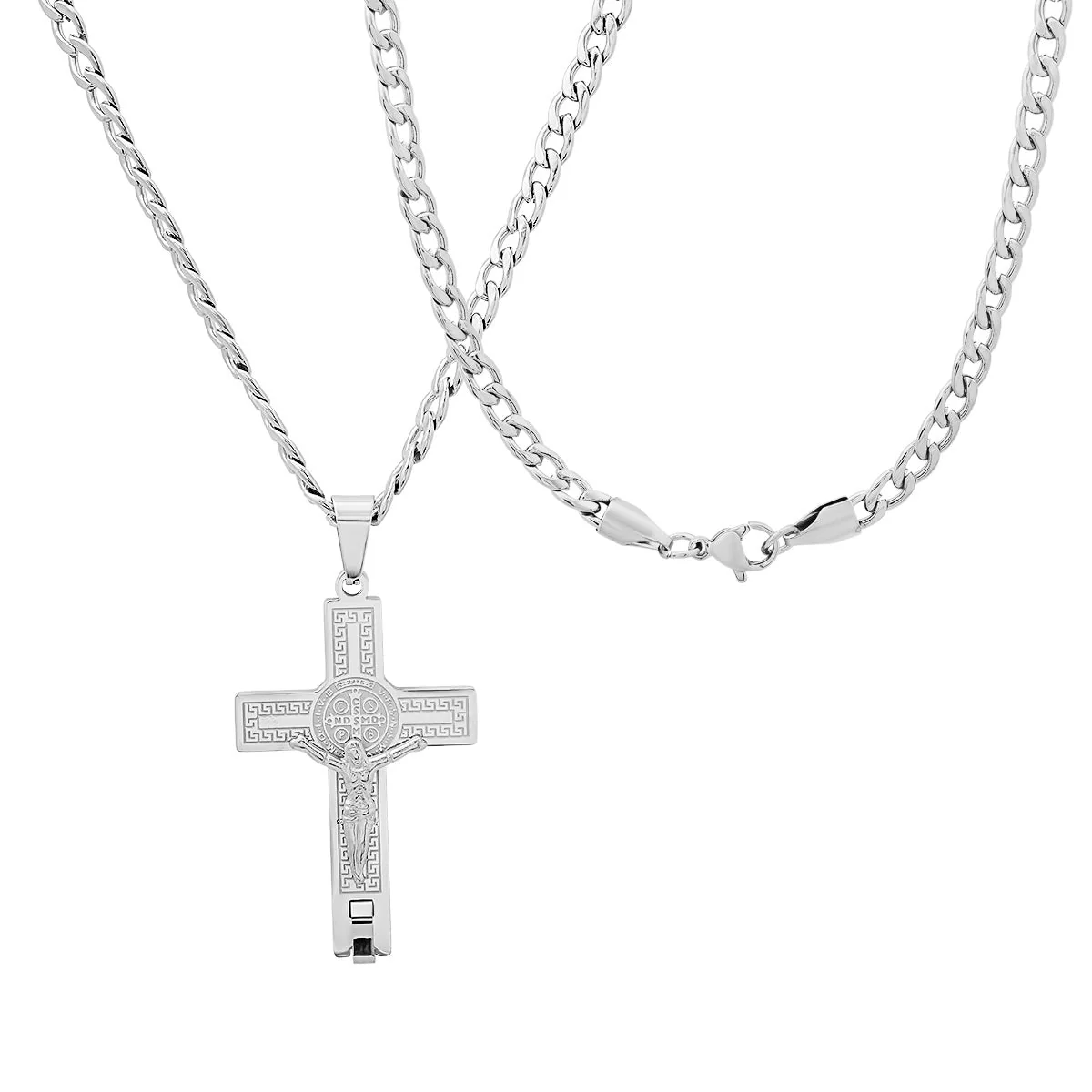 Stainless Steel St. Benedict Crucifix Pendant With Greek Key Accents - Image 2