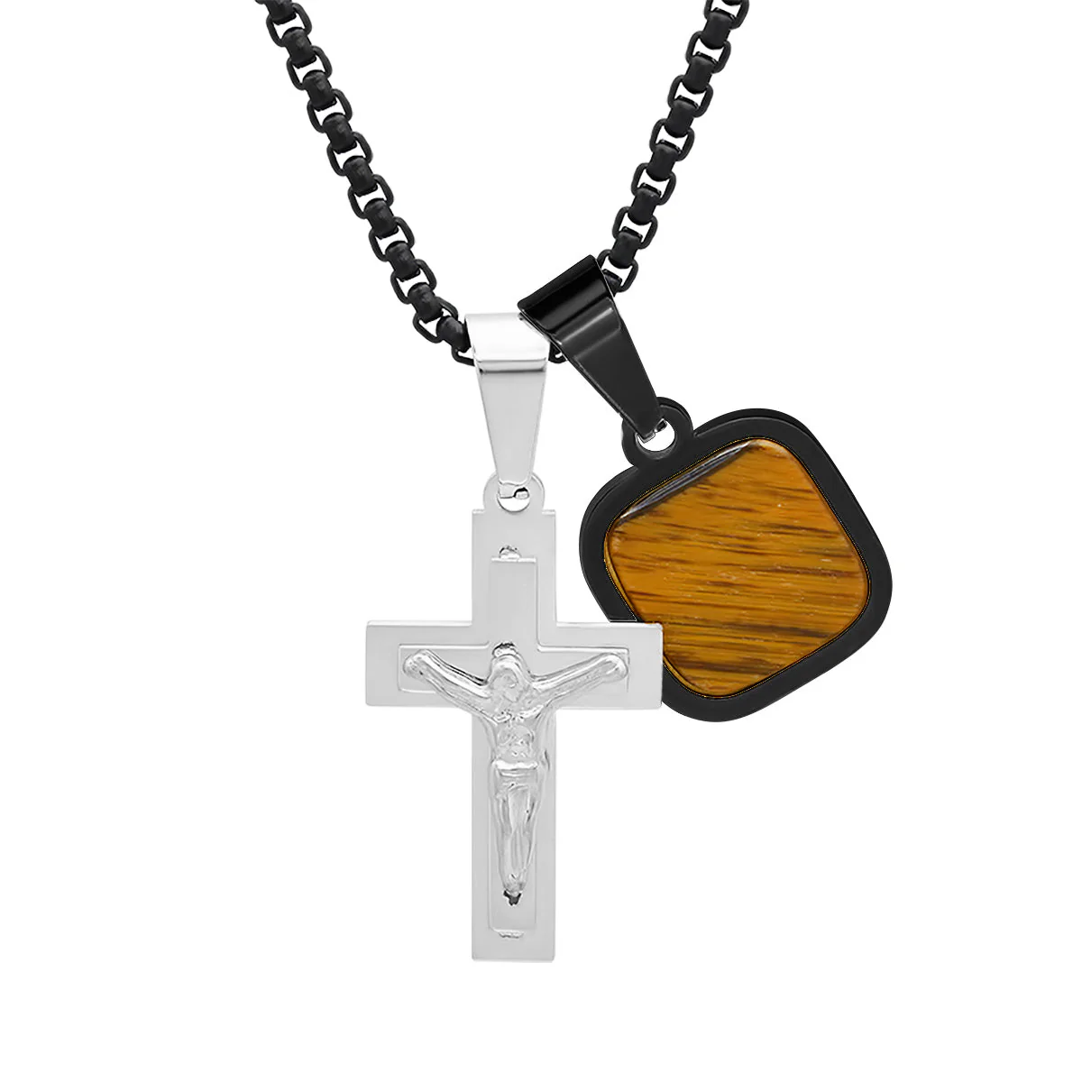 Two Tone Black Ip And Stainless Steel Cross And Tiger Eye Dog Tag Pendant - Image 2