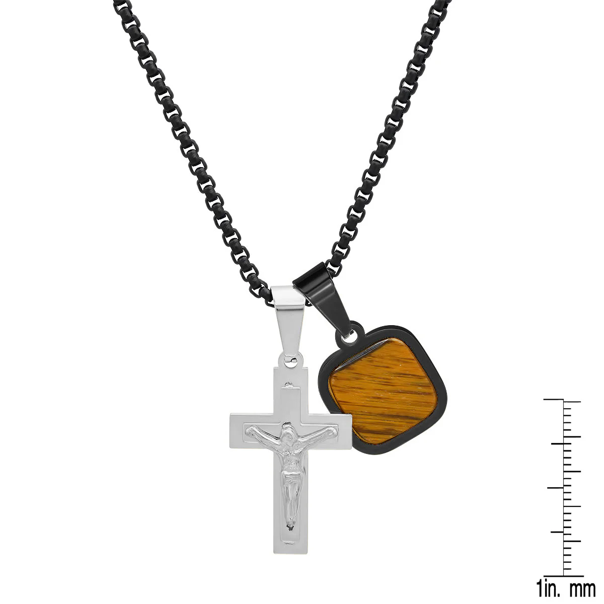 Two Tone Black Ip And Stainless Steel Cross And Tiger Eye Dog Tag Pendant - Image 3