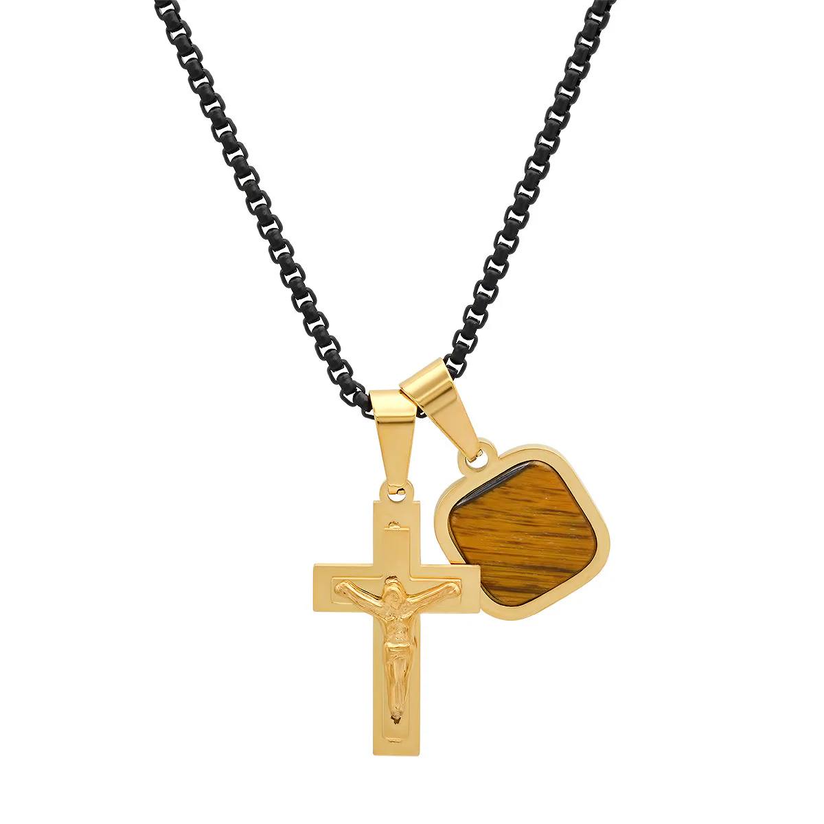 Two Tone Black Ip And Stainless Steel Cross And Tiger Eye Dog Tag Pendant - Image 4