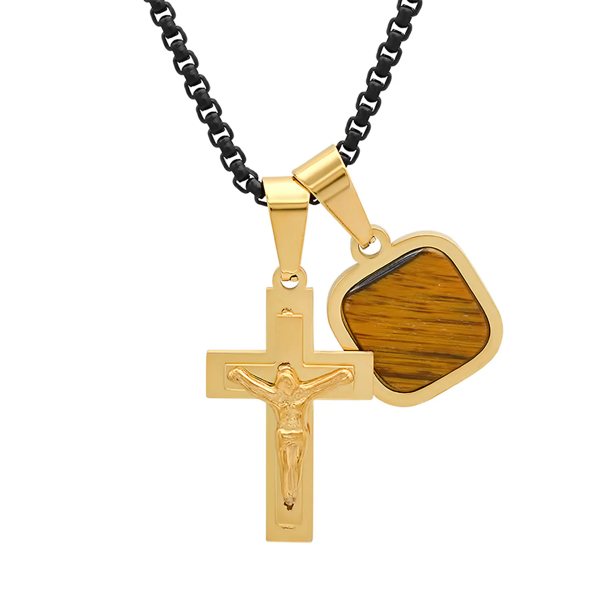 Two Tone Black Ip And Stainless Steel Cross And Tiger Eye Dog Tag Pendant - Image 5