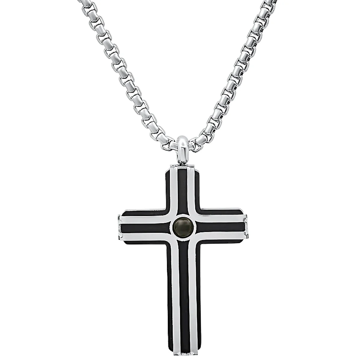 Two Tone Black Ip And Stainless Steel Cross Pendant With Black Bead - Image 2