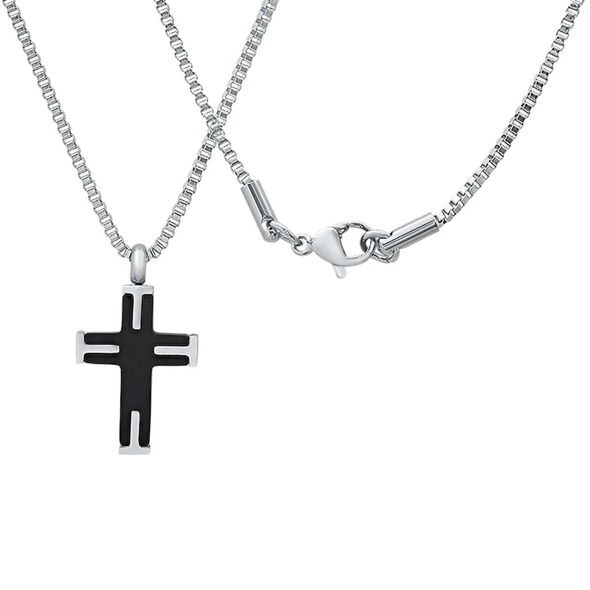 Two Tone Black Ip & Stainless Steel Textured Small Cross Pendant - Image 2