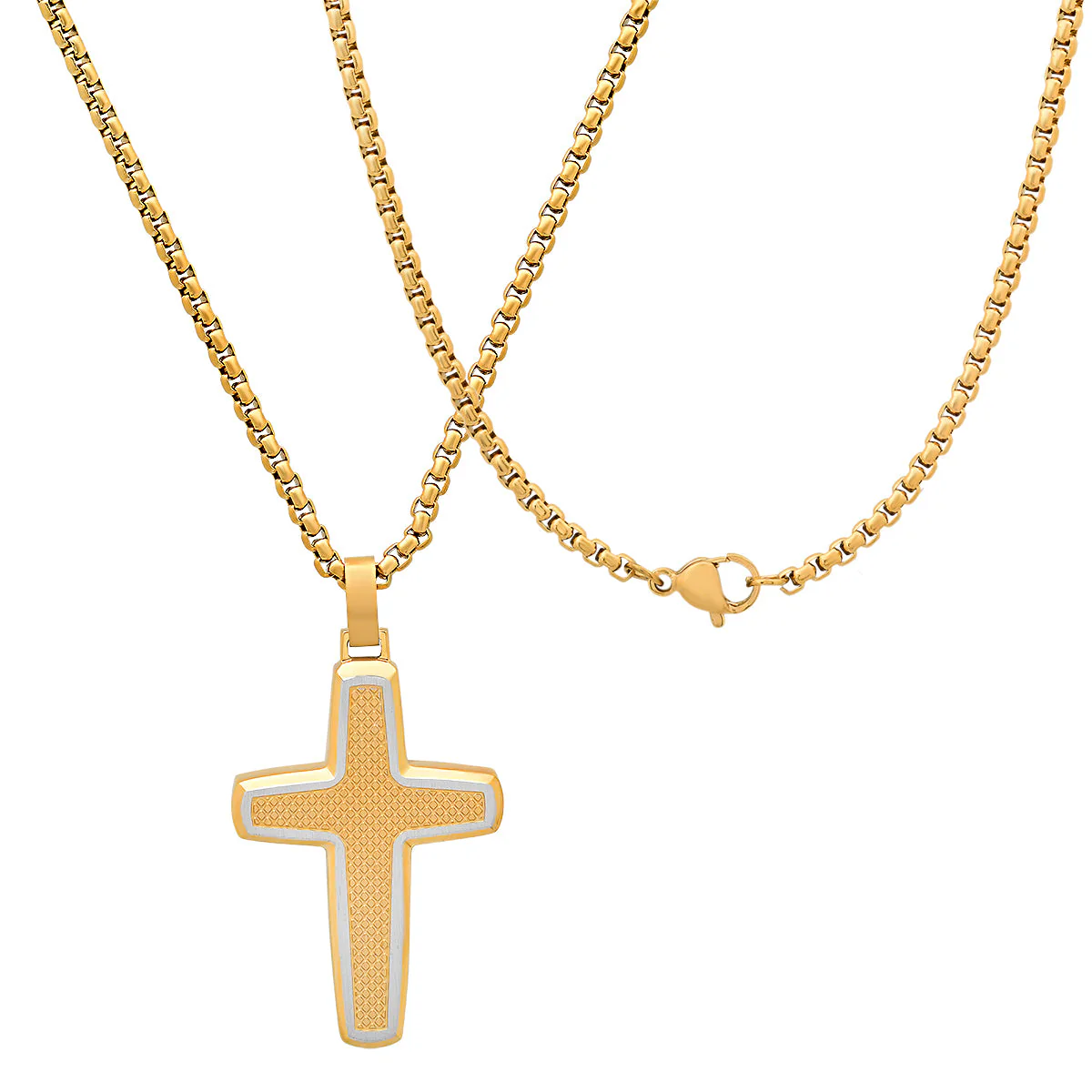 Two Tone Stainless Steel & 18K Gold Plated Textured Cross Pendant - Image 2