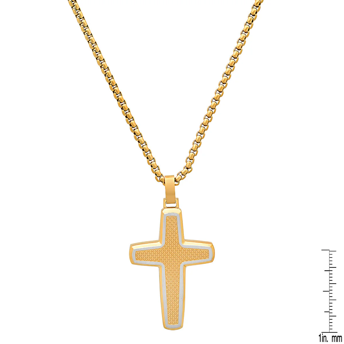 Two Tone Stainless Steel & 18K Gold Plated Textured Cross Pendant - Image 3