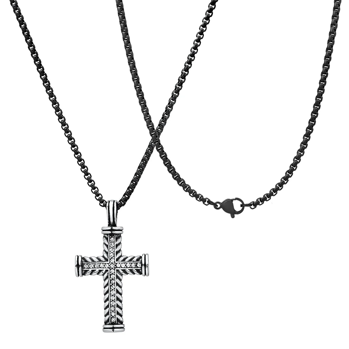 Two Tone Stainless Steel Braided Cross Pendant With Simulated Diamonds - Image 2