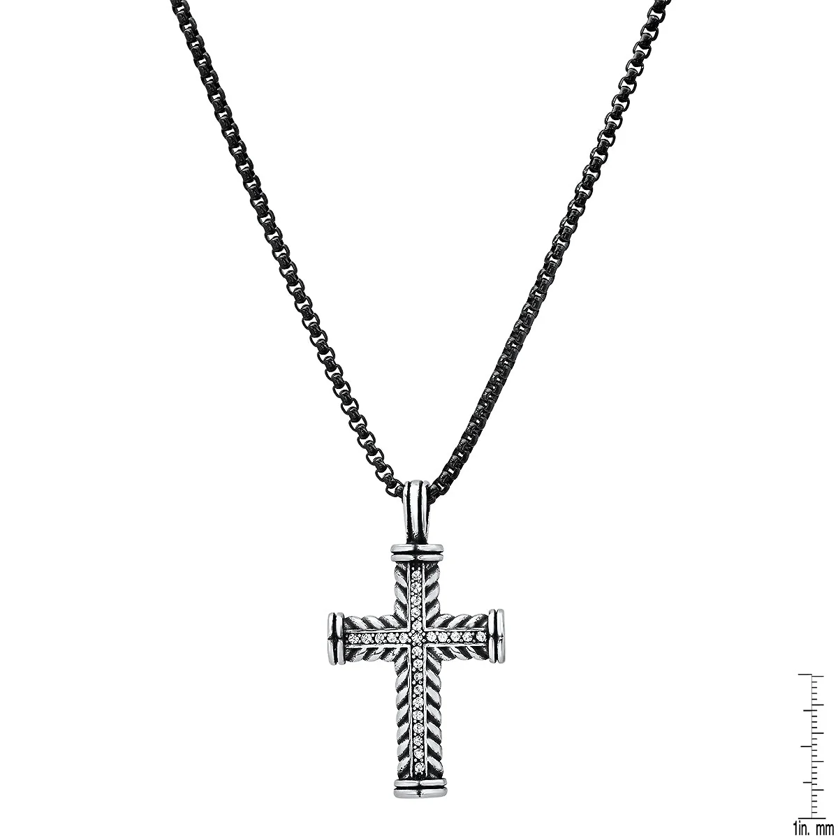 Two Tone Stainless Steel Braided Cross Pendant With Simulated Diamonds - Image 3