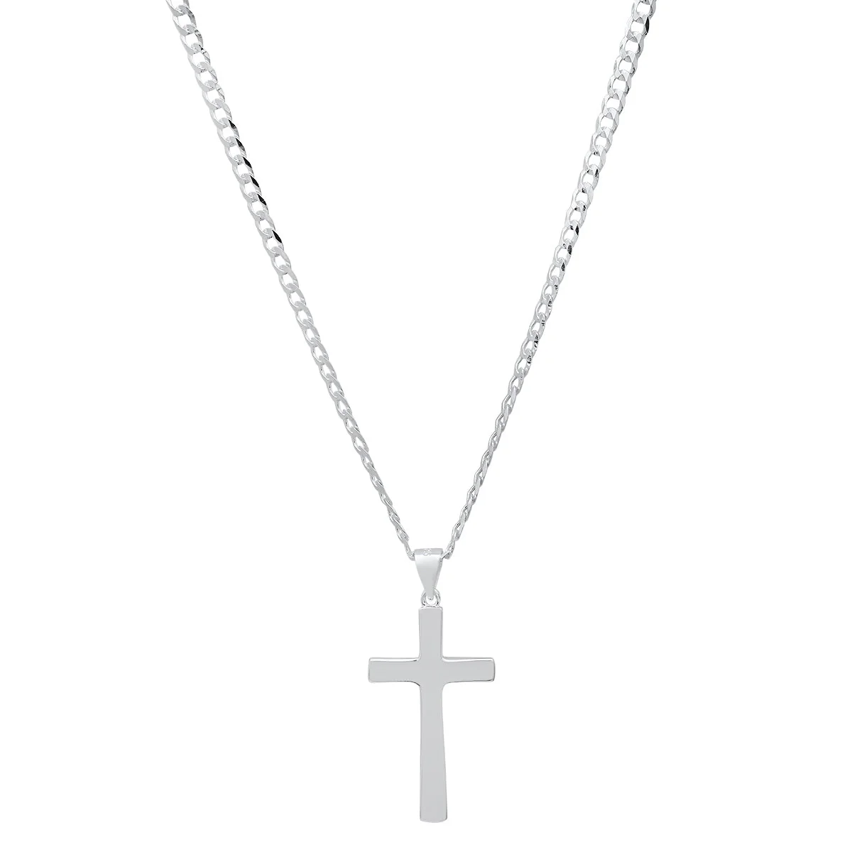 Unisex Sterling Silver Cuban Super Flat Chain And Cross Pendant