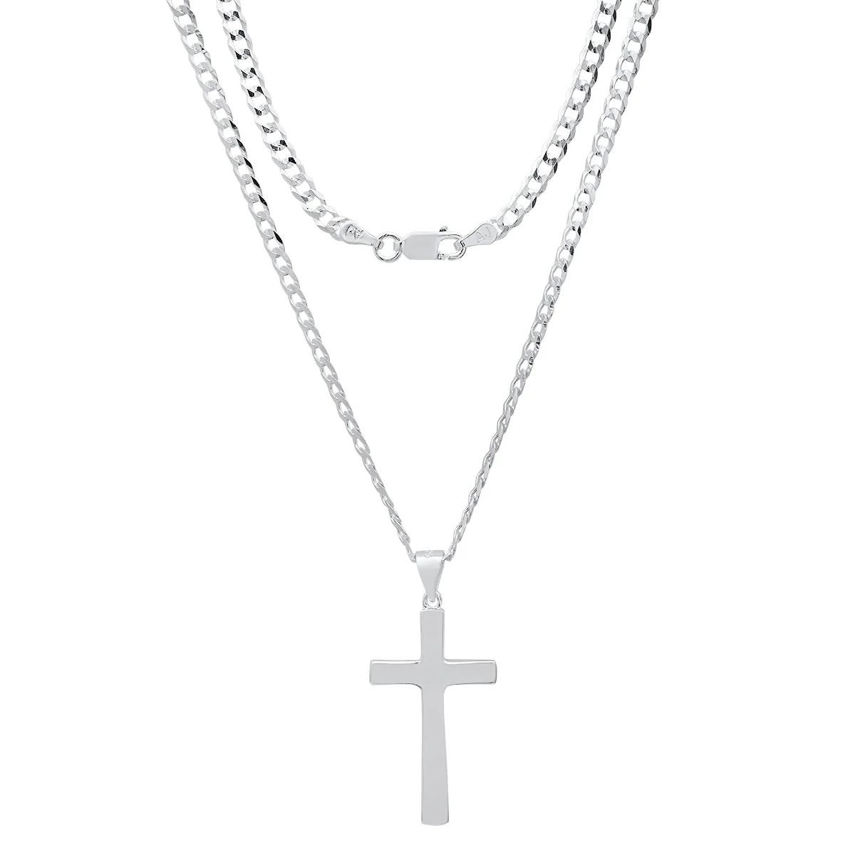 Unisex Sterling Silver Cuban Super Flat Chain And Cross Pendant - Image 2