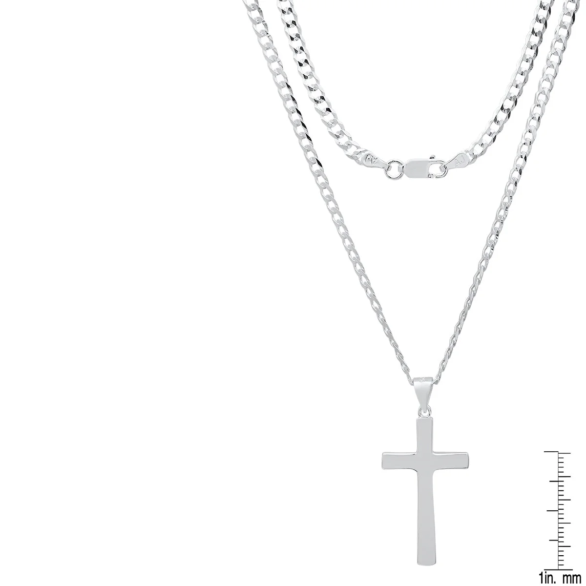 Unisex Sterling Silver Cuban Super Flat Chain And Cross Pendant - Image 3