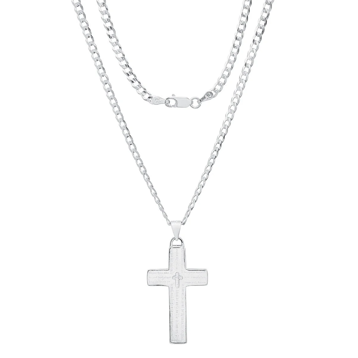 Unisex Sterling Silver Cuban Super Flat Chain And Lord'S Prayer Cross Pendant - Image 2