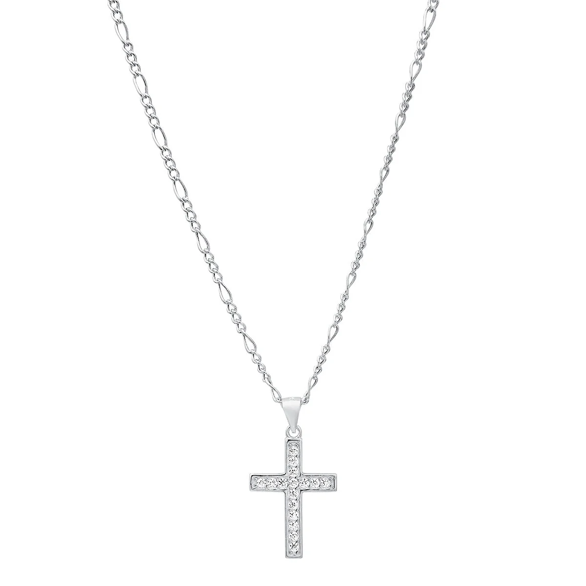 Unisex Sterling Silver Figaro Chain Necklace And Simulated Diamonds Cross Pendant