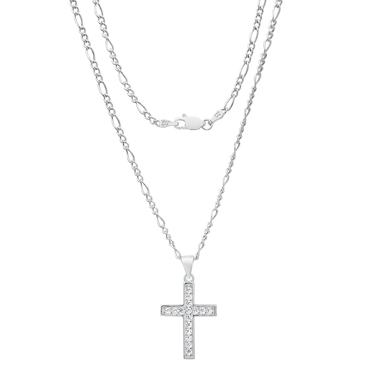 Unisex Sterling Silver Figaro Chain Necklace And Simulated Diamonds Cross Pendant - Image 2