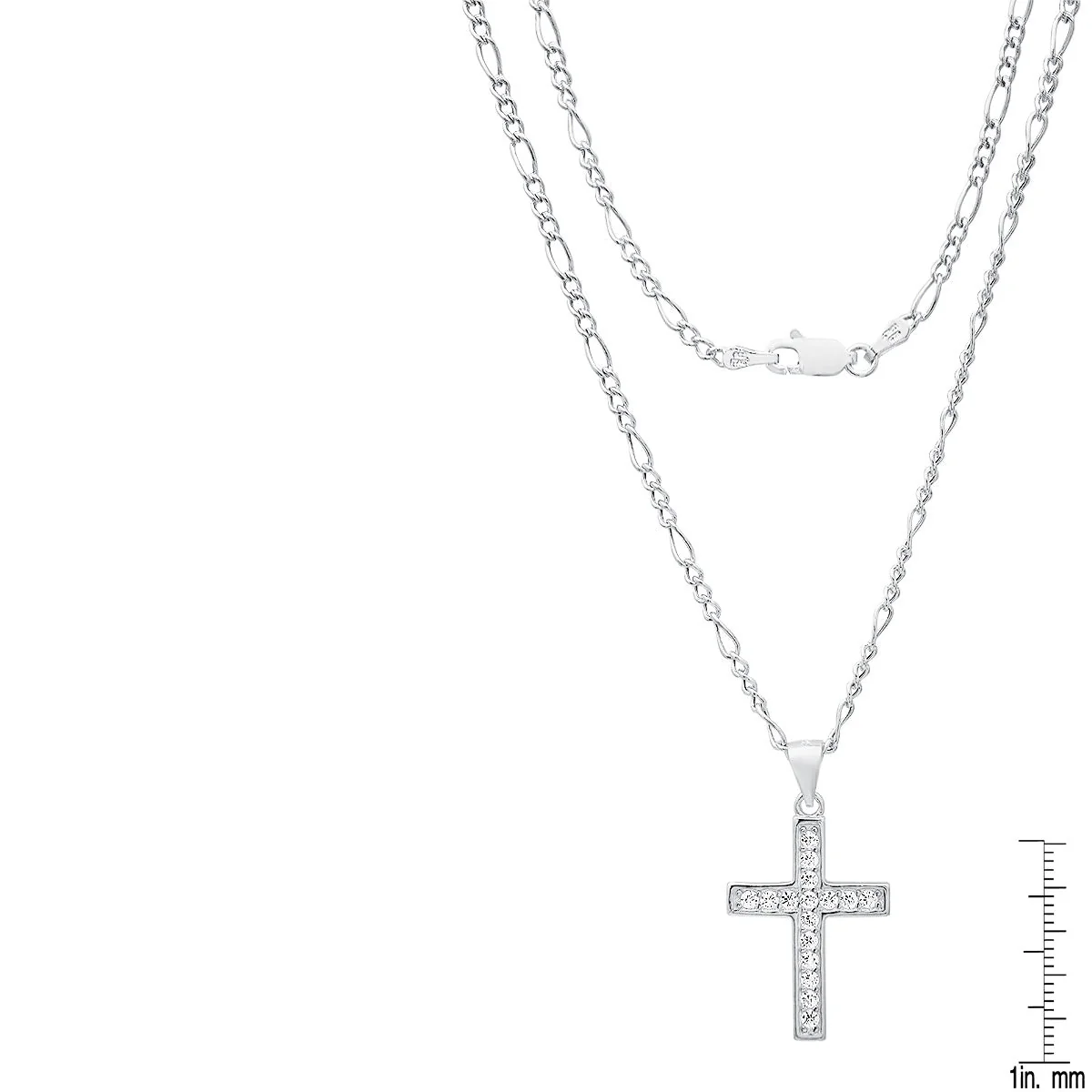 Unisex Sterling Silver Figaro Chain Necklace And Simulated Diamonds Cross Pendant - Image 3
