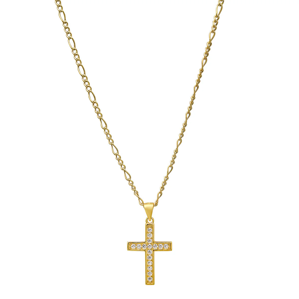 Unisex Sterling Silver Figaro Chain Necklace And Simulated Diamonds Cross Pendant - Image 4