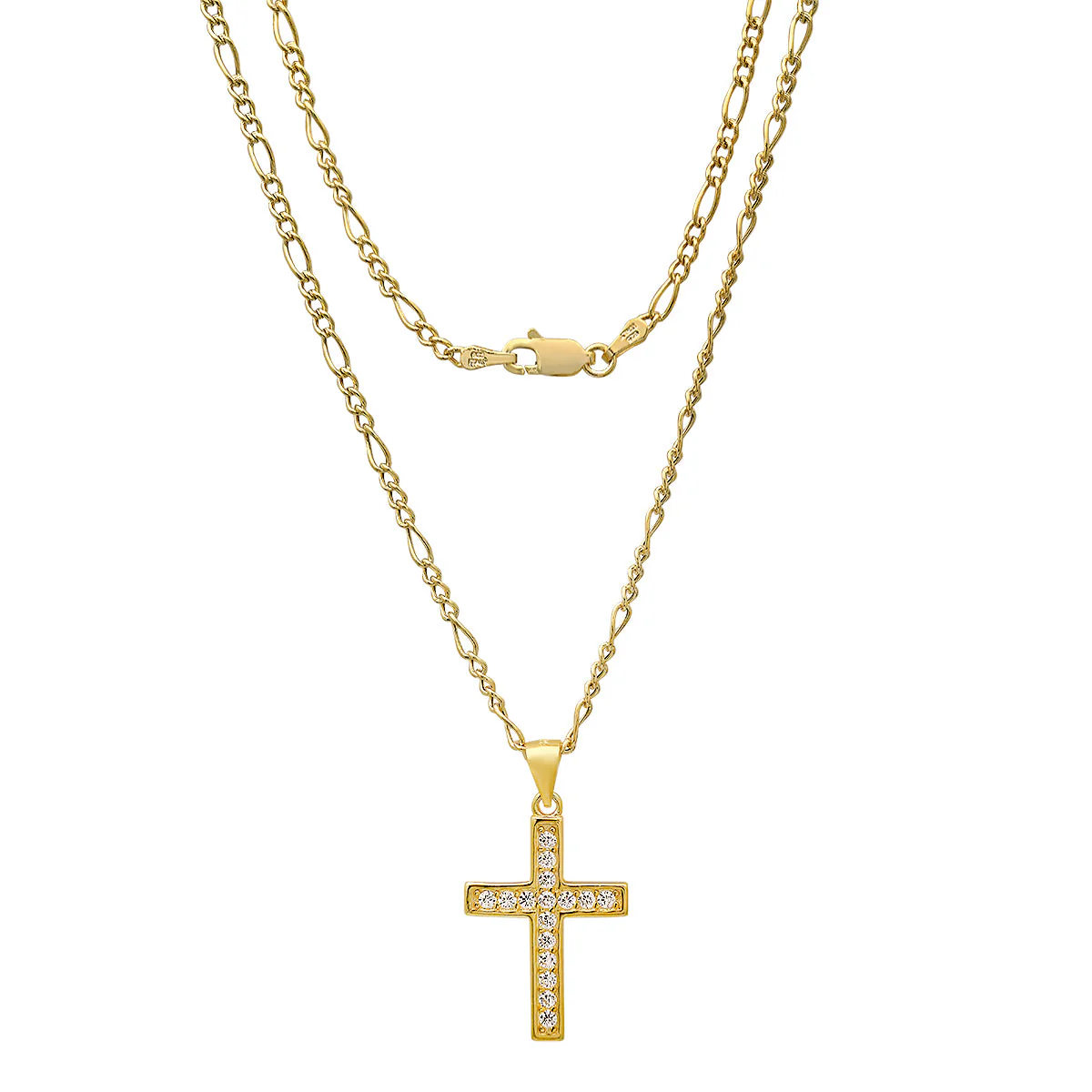 Unisex Sterling Silver Figaro Chain Necklace And Simulated Diamonds Cross Pendant - Image 5