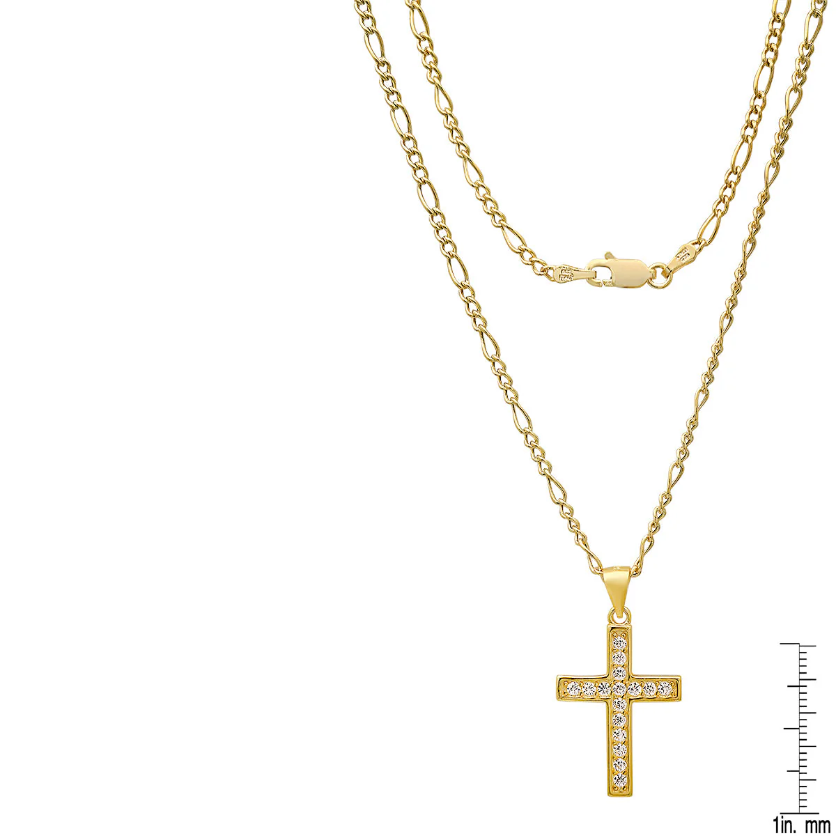 Unisex Sterling Silver Figaro Chain Necklace And Simulated Diamonds Cross Pendant - Image 6